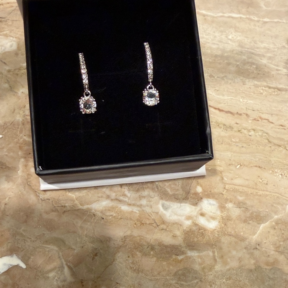 Silver Crystal Drop Earrings - Clear/White